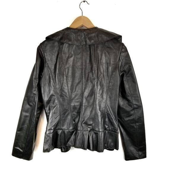 Neiman Marcus Women's Black Leather Ruffle Collar Jacket Size L Large - Picture 2 of 7